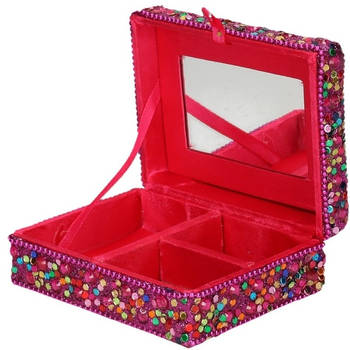 Sieradenkistje met glitters - 8 x 10 x 4 cm - Fuchsia - Juwelenkistje met spiegel - 3-vaks - meisjes - Sieradendozen