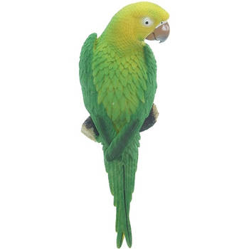 Dierenbeeld groene ara papegaai vogel 31 cm tuinbeeld hangdeco - Tuinbeelden