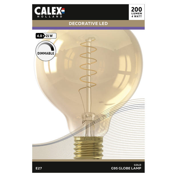 Calex LED volglas Flex Filament Globelamp 220-240V 4W 200lm E27 G95, Goud 2100K Dimbaar
