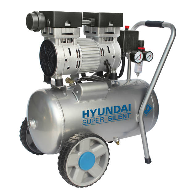 Hyundai stille compressor 24 liter met vochtafscheider - olievrij - 8 BAR - 59 dB 'Super Silent'.