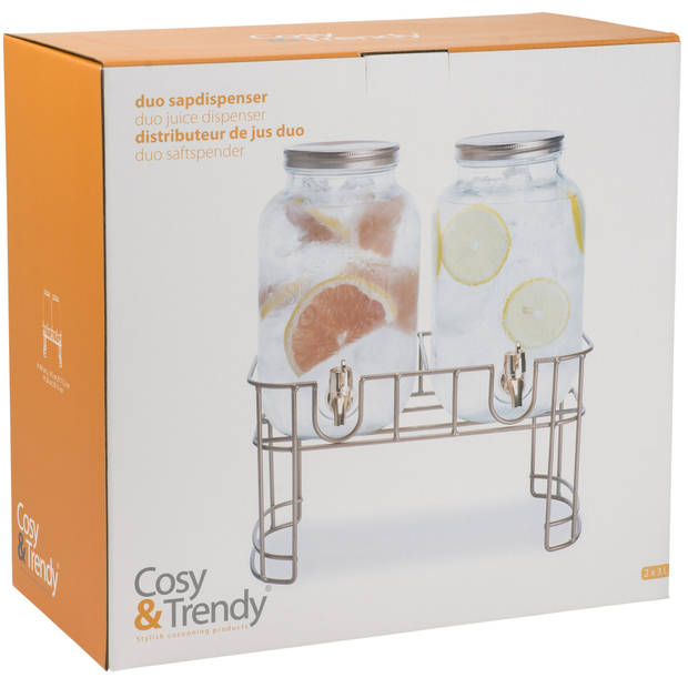 Cosy & Trendy Dubbele drankdispenser/limonade/sap dispenser op onderstel - glas -&nbsp; 2x 3.5 Liter - Drankdispense