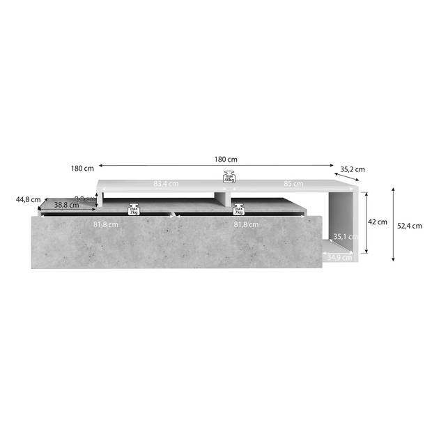 Meubella TV-Meubel Bello - Beton - Wit - 219 cm