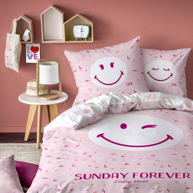 Smiley World Sunday Dekbedovertrek - Eenpersoons - 140 x 200 cm - Roze