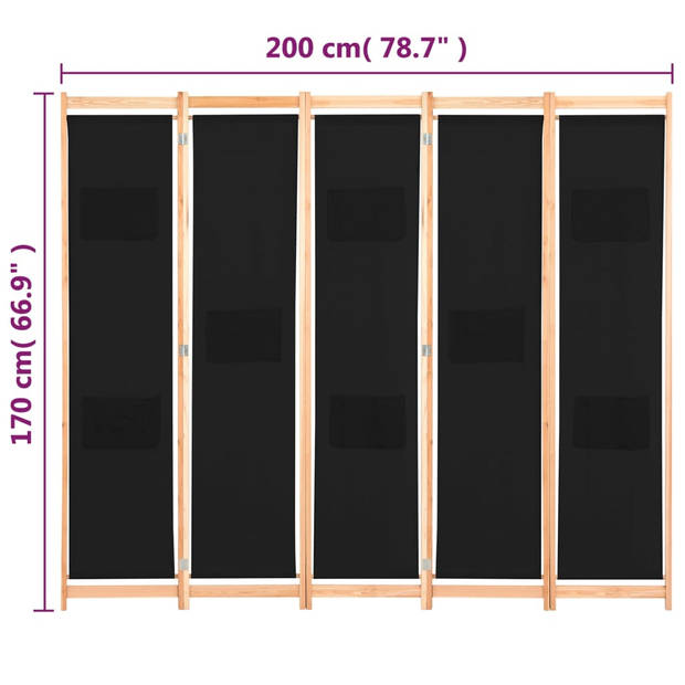 vidaXL Kamerscherm met 5 panelen 200x170x4 cm stof zwart