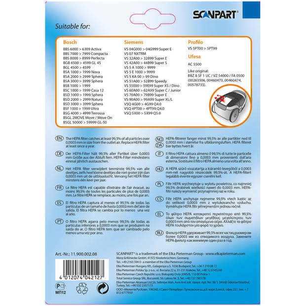 Scanpart HEPA-filter als origineel Bosch/Siemens BBZ8SF1-FA0500 H12