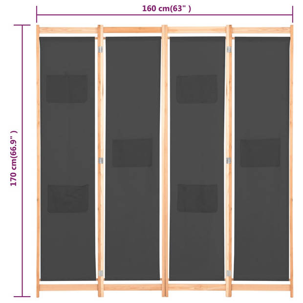 vidaXL Kamerscherm met 4 panelen 160x170x4 cm stof grijs