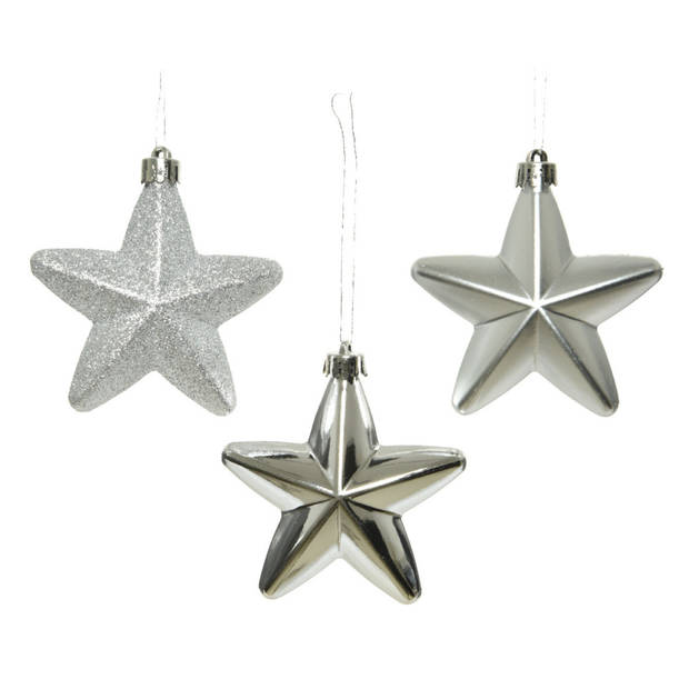 6x Zilveren sterren kerstballen 7 cm kunststof glans/mat/glitter - Kersthangers