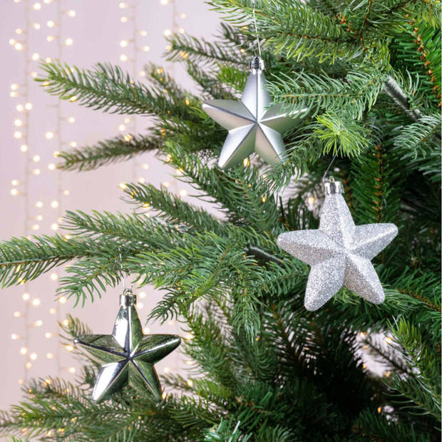 6x Zilveren sterren kerstballen 7 cm kunststof glans/mat/glitter - Kersthangers