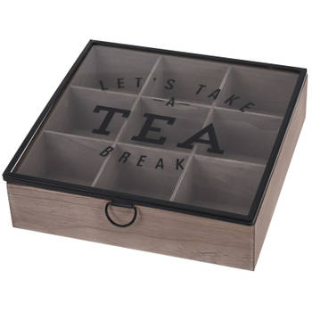 Houten theedoos bruin Tea break 9-vaks 25 cm - Theedozen/theekisten van hout 25 cm