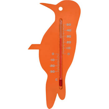 Binnen/buiten thermometer oranje specht vogel 15 cm - Tuindecoratie dieren - Vogels artikelen - Buitenthemometers