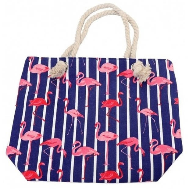 Strandtas flamingo print blauw 43 cm - Strandartikelen beach bags/shoppers met ritssluiting