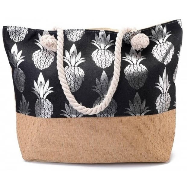 Strandtas ananas print zwart/zilver 54 cm - Strandartikelen beach bags/shoppers met ritssluiting
