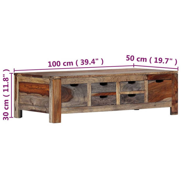 The Living Store Salontafel Sheeshamhout Grijs 100x50x30 cm met 6 lades