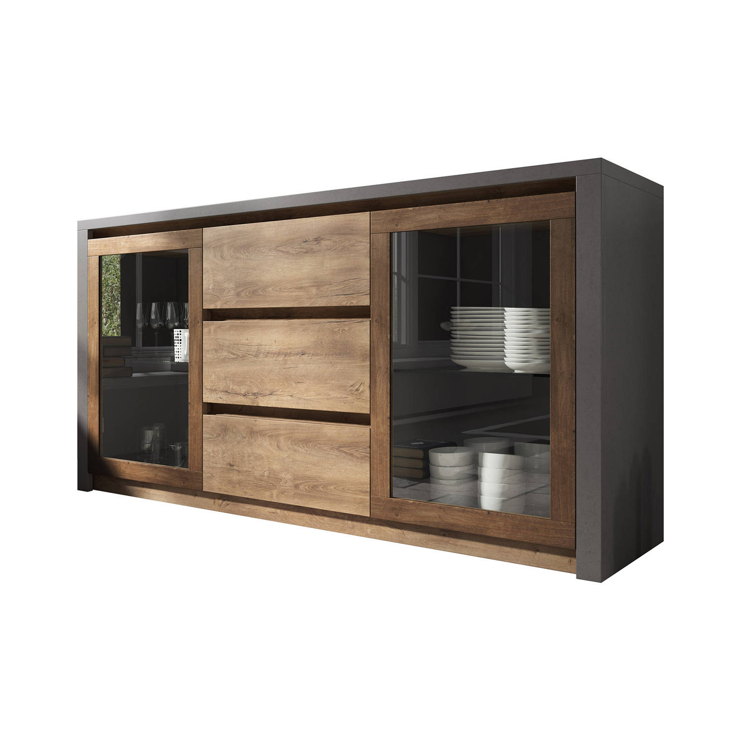 Meubella Dressoir Monaco Eiken Grijs 140 cm met glas