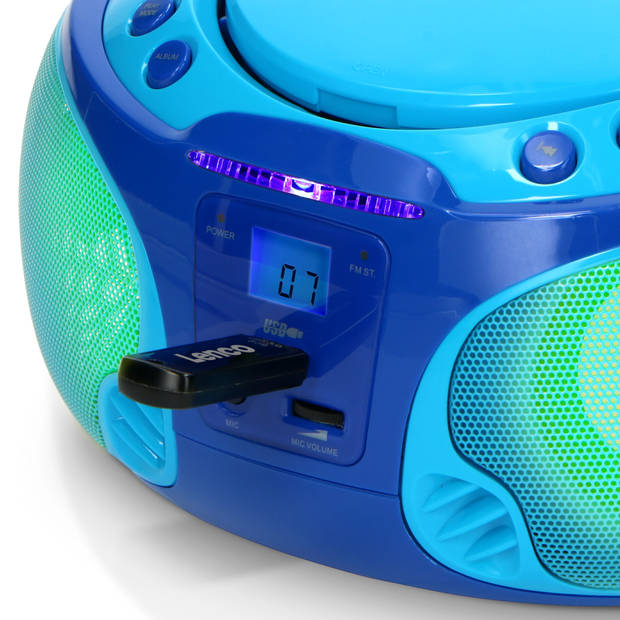 Draagbare FM Radio CD/MP3/USB microfoon en licht effecten Lenco Blauw