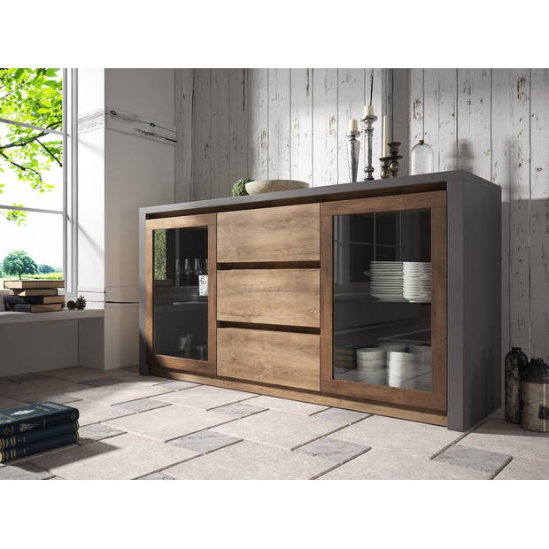 Meubella Dressoir Monaco - Eiken - Grijs - 140 cm - Met glas