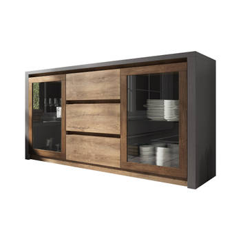 Meubella Dressoir Monaco - Eiken - Grijs - 140 cm - Met glas