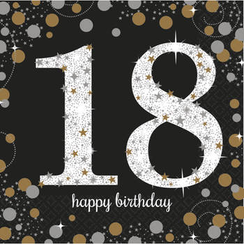 16x stuks 18 jaar verjaardag feest servetten zwart met confetti print 33 x 33 cm - Feestservetten