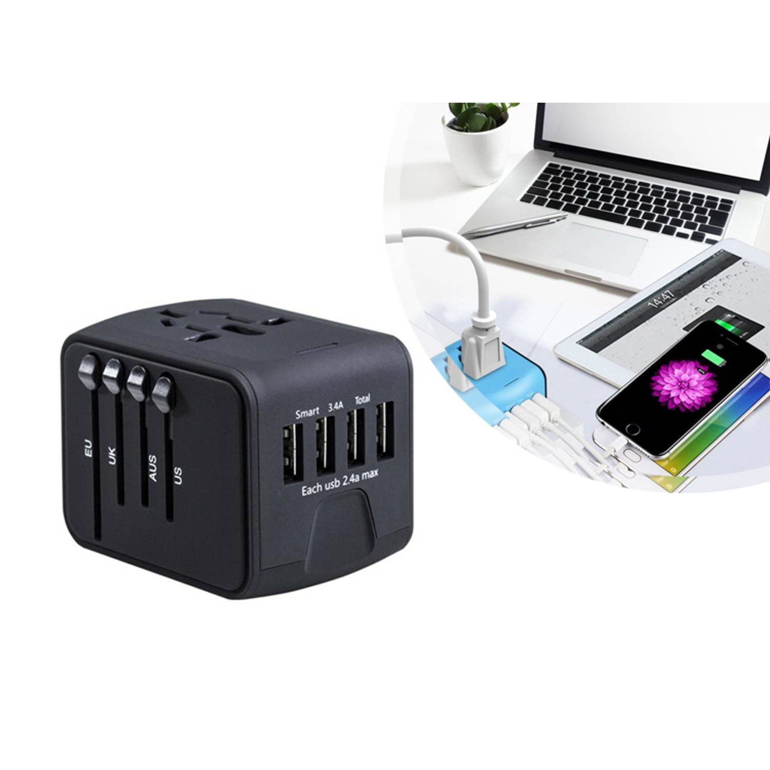 Universele Wereldstekker 4 USB Poorten - Internationale Reisstekker voor 150+ landen - Zwart | Blokker