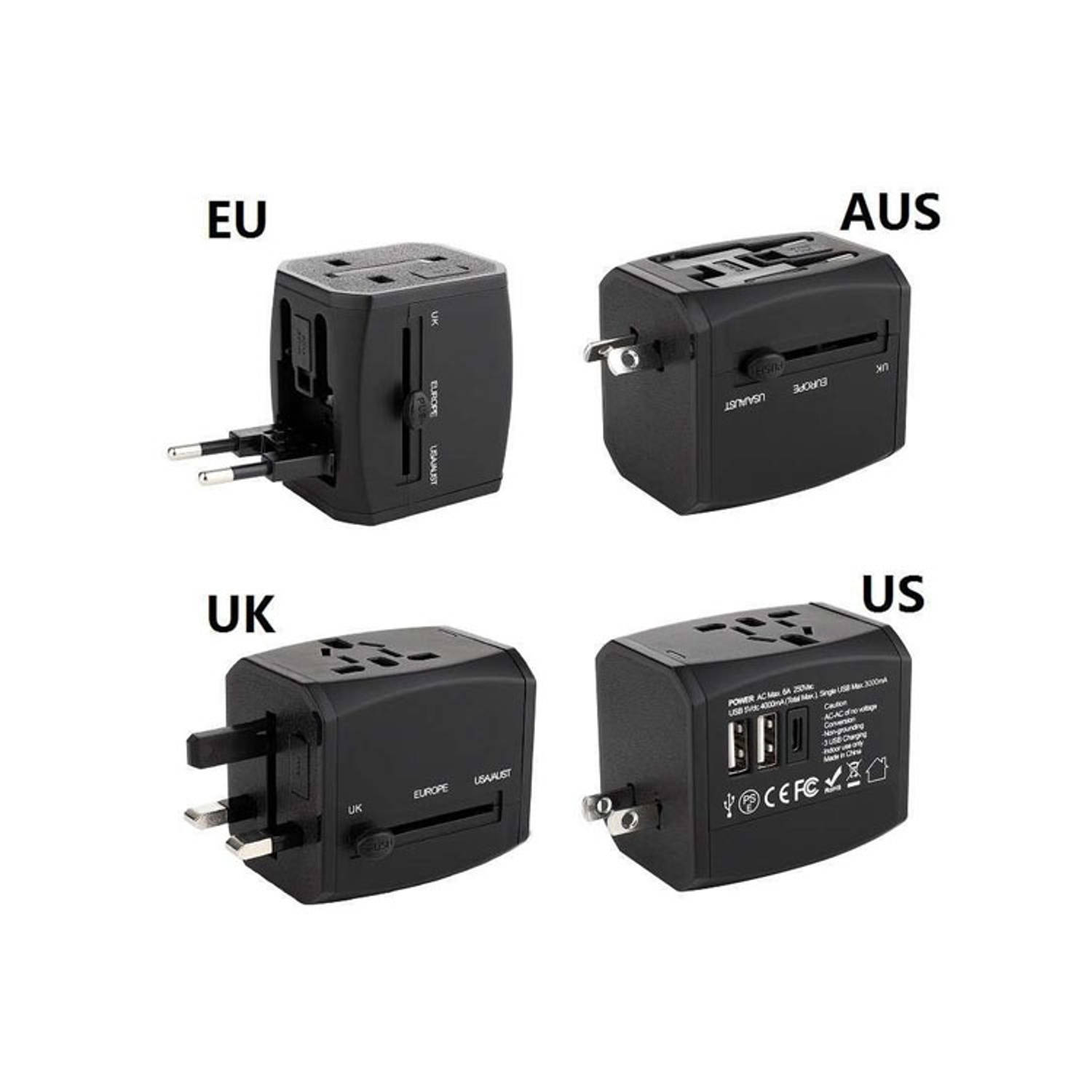 Universele Wereldstekker 4 USB Poorten - Internationale Reisstekker voor 150+ landen - Zwart | Blokker
