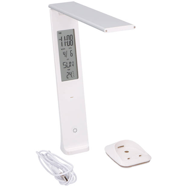 Bureaulamp - 29 LED's - oplaadbaar - dimbaar - inklapbaar - wit - display met tijd, datum en temperatuur