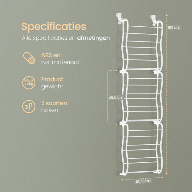 O'DADDY® Hangend Schoenenrek Deur - Voor Opdek en Stompe Deuren - Schoenrek - Schoenenkast - 20x51x182 cm - Wit