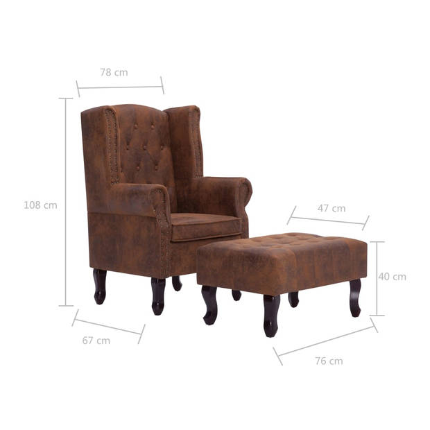 vidaXL Fauteuil en voetenbank Chesterfield-stijl kunstsuède bruin