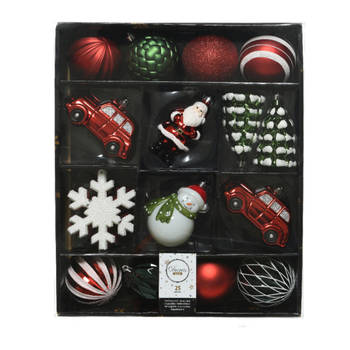 50x stuks kerstballen en kersthangers figuurtjes rood/wit/groen kunststof - Kersthangers