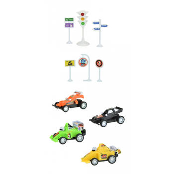 Toi-Toys raceauto's 4 stuks met verkeersborden