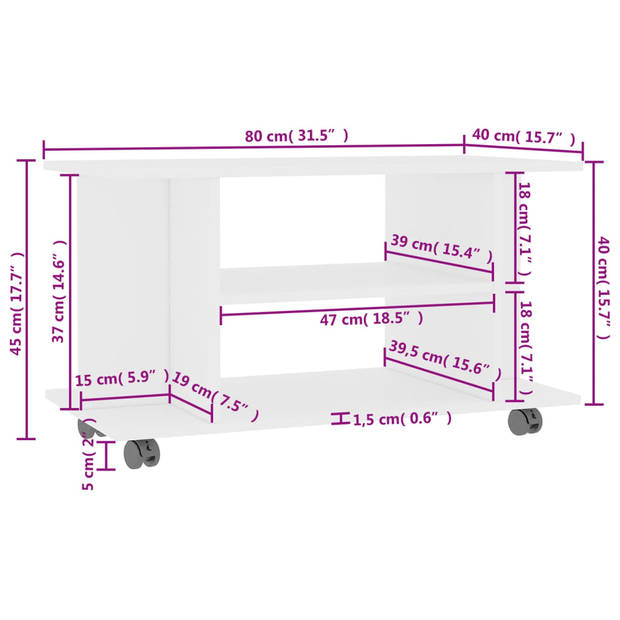 vidaXL Tv-meubel met wieltjes 80x40x45 cm bewerkt hout wit