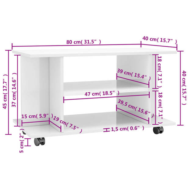 vidaXL Tv-meubel met wieltjes 80x40x45 cm bewerkt hout hoogglans wit