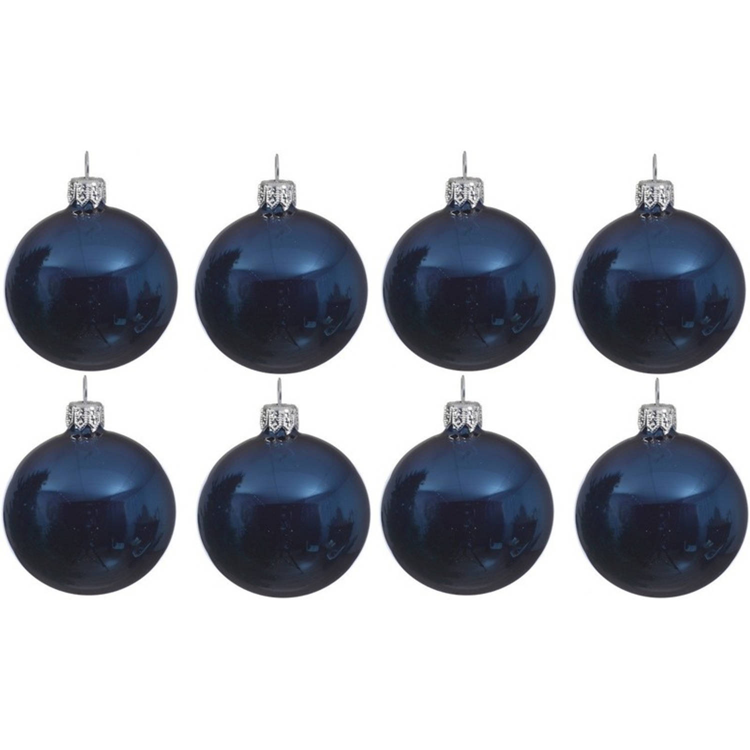 8x Donkerblauwe Glazen Kerstballen 10 Cm Glans-glanzende Kerstboomversiering Donkerblauw