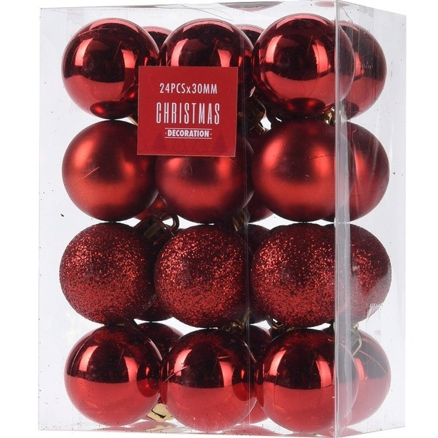 24x Rode Kunststof Kerstballen 3 Cm Glans-mat-glitter Onbreekbare Kerstballen Plastic Kerstboomversi