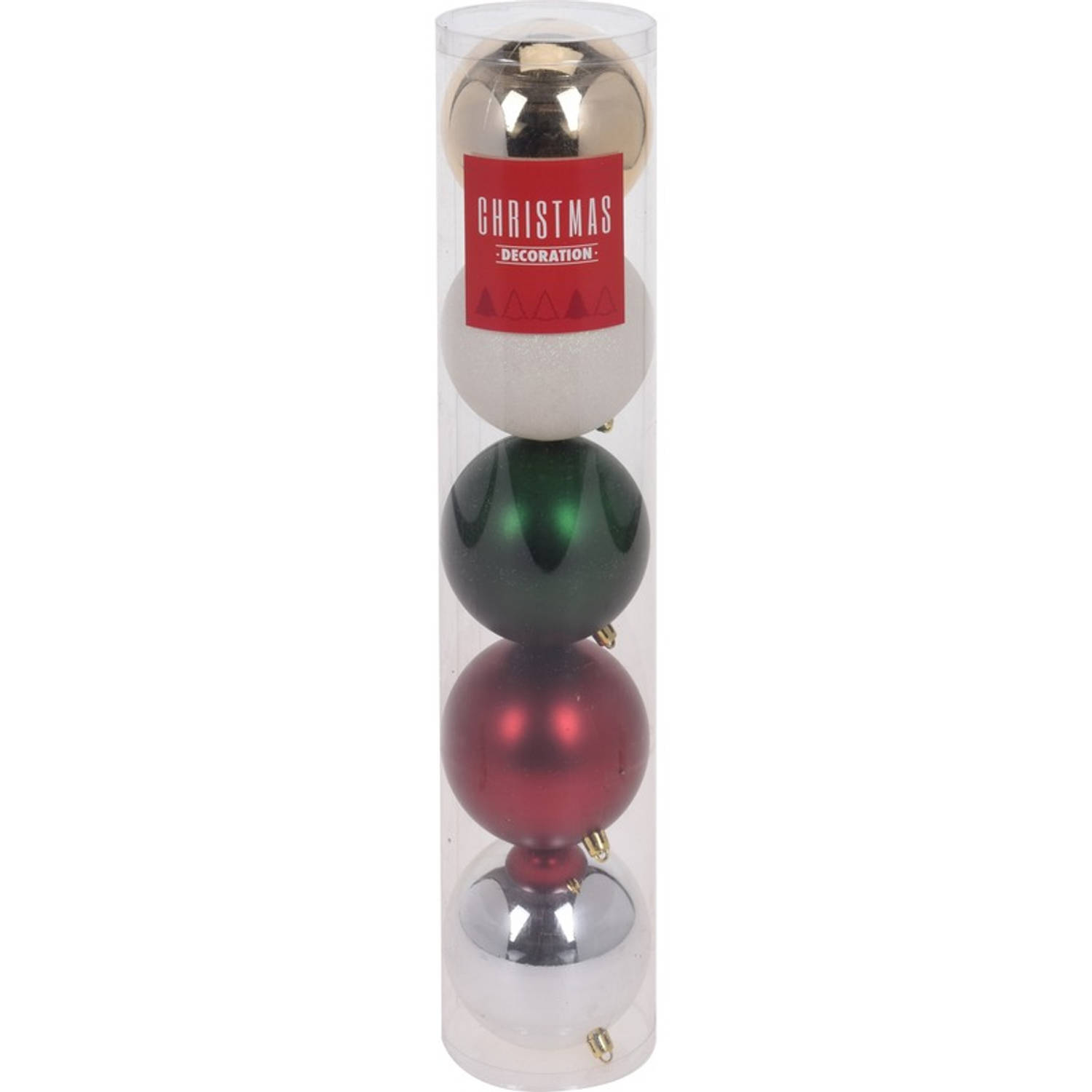 5x Kunststof kerstballen klassieke kleuren mat/glans/glitter 10 cm en folieslinger kerstboom versiering/decoratie - Kers