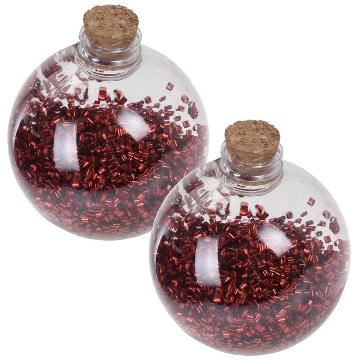 2x Transparante Fles Kerstballen Met Rode Glitters 8 Cm Onbreekbare Kerstballen Kerstboomversiering 