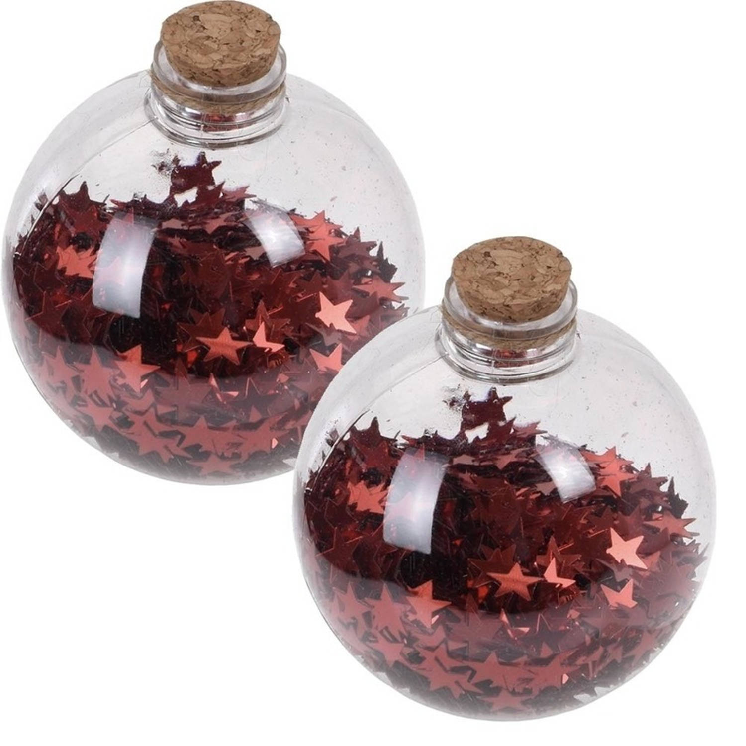 2x Transparante Fles Kerstballen Met Rode Sterren 8 Cm Onbreekbare Kerstballen Kerstboomversiering R