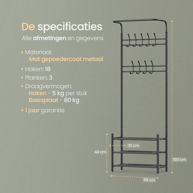 O'DADDY® staande kapstok – kapstok met schoenenrek – zwart garderoberek met kapstok en schoenenrek - metaal