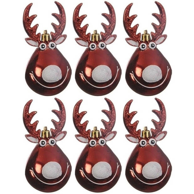 6x Rode rendier Rudolph kerstornamenten kersthangers 11 cm - Kersthangers