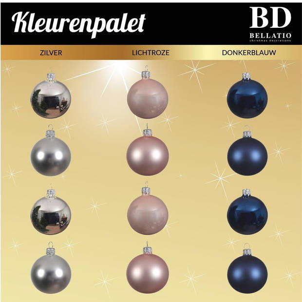 Zilvere/donkerblauwe/lichtroze kerstballen pakket 91-delig voor 150 cm boom - Kerstbal