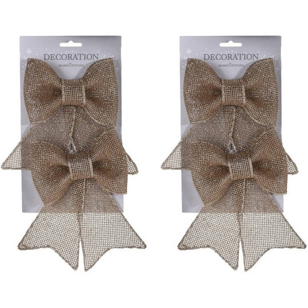 Glitter strik champagne 18 cm 4 stuks - Kersthangers