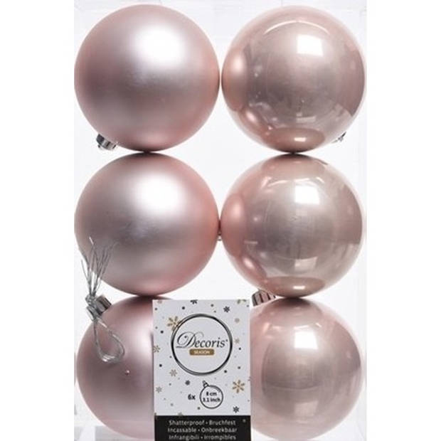 12x Kunststof kerstballen glanzend/mat licht roze 8 cm kerstboom versiering/decoratie lichtroze - Kerstbal
