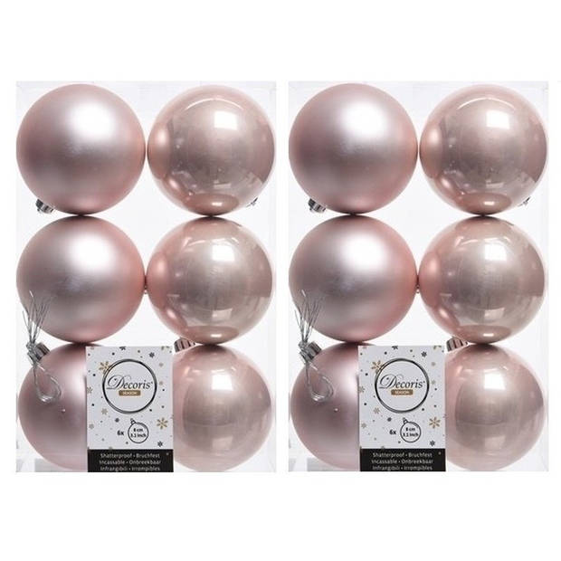 12x Kunststof kerstballen glanzend/mat licht roze 8 cm kerstboom versiering/decoratie lichtroze - Kerstbal
