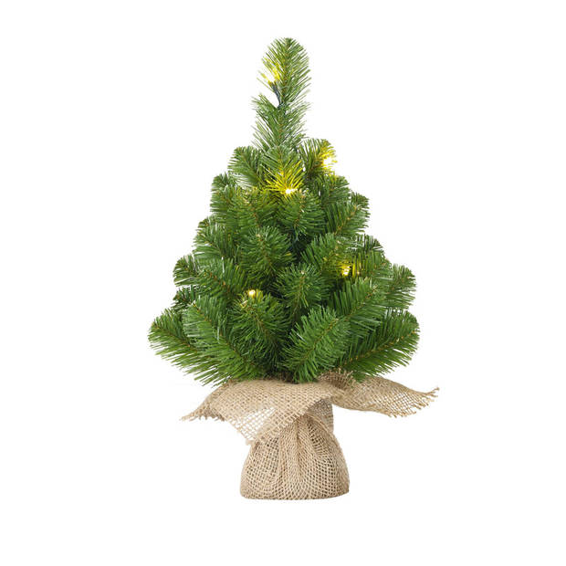 2x Mini kunst kerstboom met 10 LED lampjes 45 cm - Kunstkerstboom