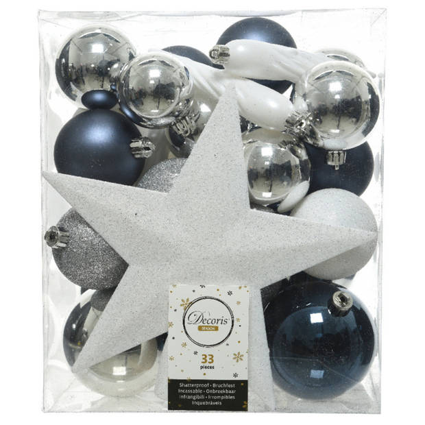 Kerstballen set - 33x stuks - blauw/wit/zilver - kunststof - met piek - Kerstbal
