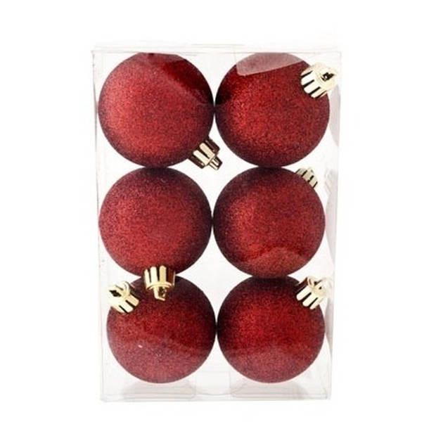 6x Kunststof kerstballen glitter donkerrood 6 cm versiering - Kerstbal