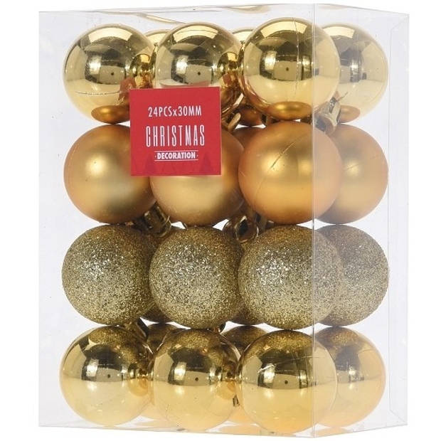 24x Glans/mat/glitter kerstballen goud 3 cm kunststof kerstboom versiering/decoratie - Kerstbal