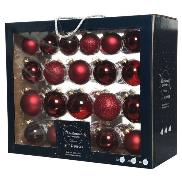 42x Glazen kerstballen glans/mat/glitter donkerrood 5-6-7 cm kerstboom versiering/decoratie - Kerstbal
