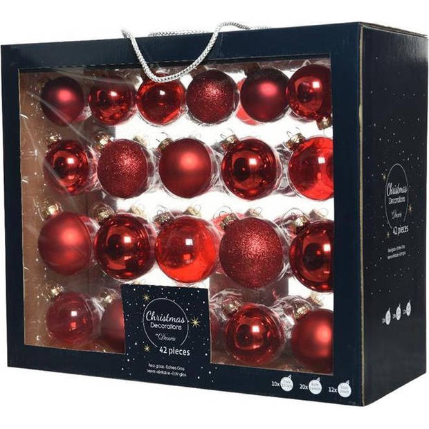 Kerstversiering glazen kerstballen mix pakket 5-6-7 cm rood 42x stuks met haakjes - Kerstbal