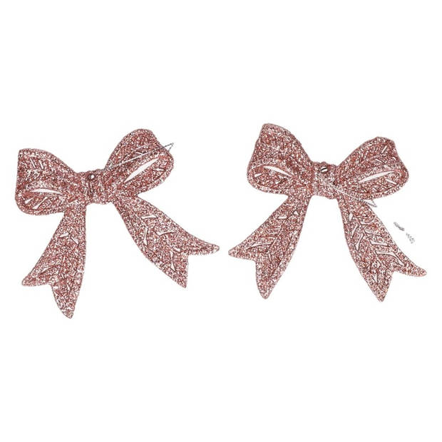 Cosy & Trendy kersthangers strikjes - 4x st - roze -11 cm - glitters - Kersthangers