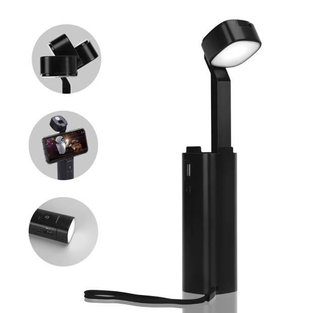 Aigostar Ebony - Multifunctionele LED lamp 3-in1 - Zaklamp, powerbank, telefoonhouder - Zwart